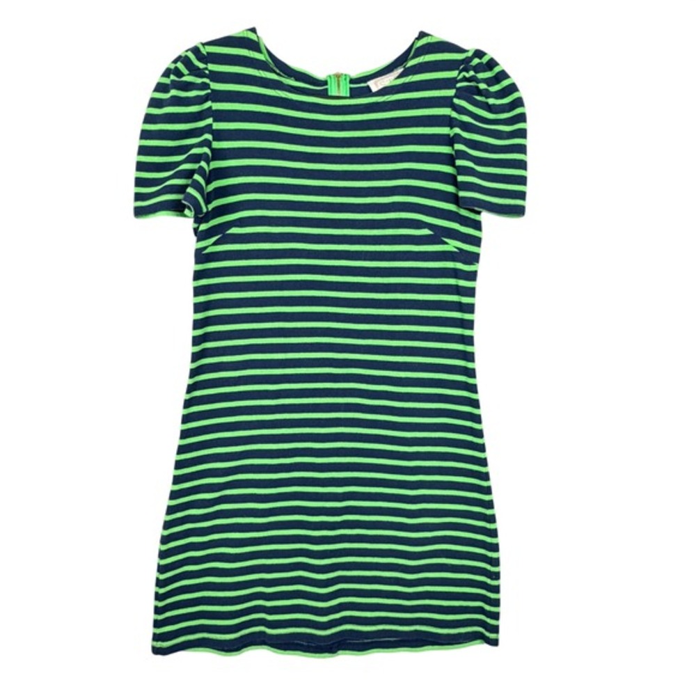 STS Sail to Sable XS Navy Green Striped Puff Sleeve Zip‎ Dress Nautical Preppy